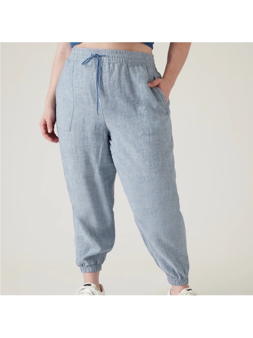 Athleta Retreat 100% Linen Chambray Blue Joggers  14
